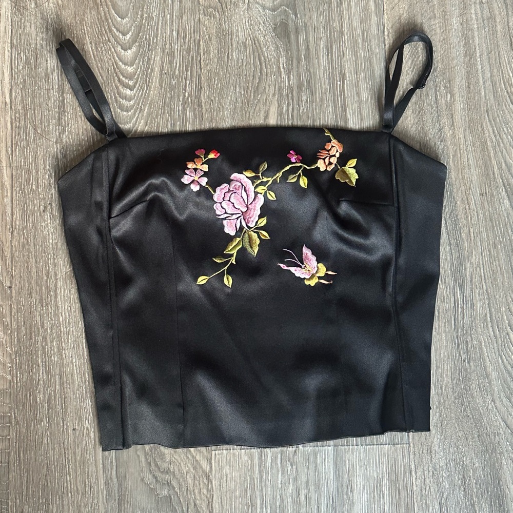 Black Satin Camisole with Floral Embroidery